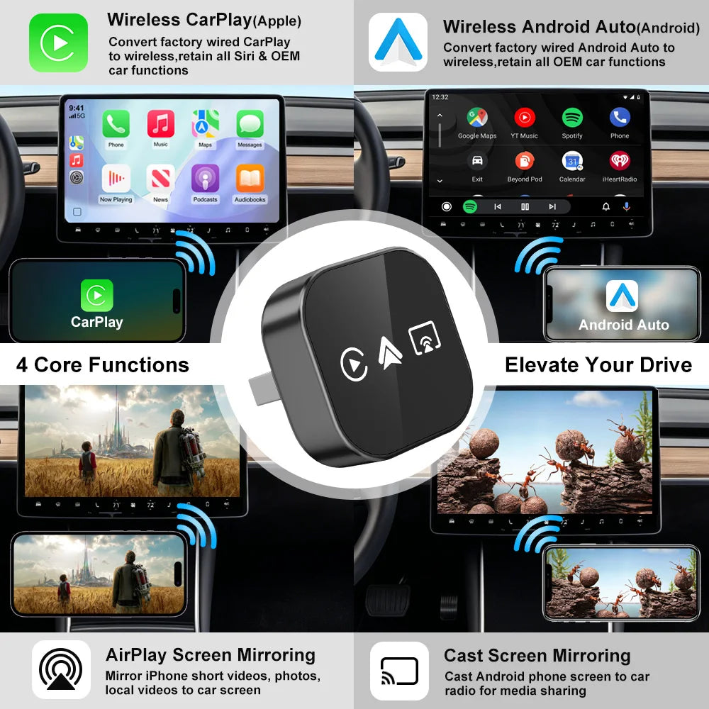 Original FLIXIVI 4 in1 CarPlay Android Auto AirPlay Mirror Link Stable Bluetooth Adapter Wired To Wireless for Volvo Benz Mg Kia